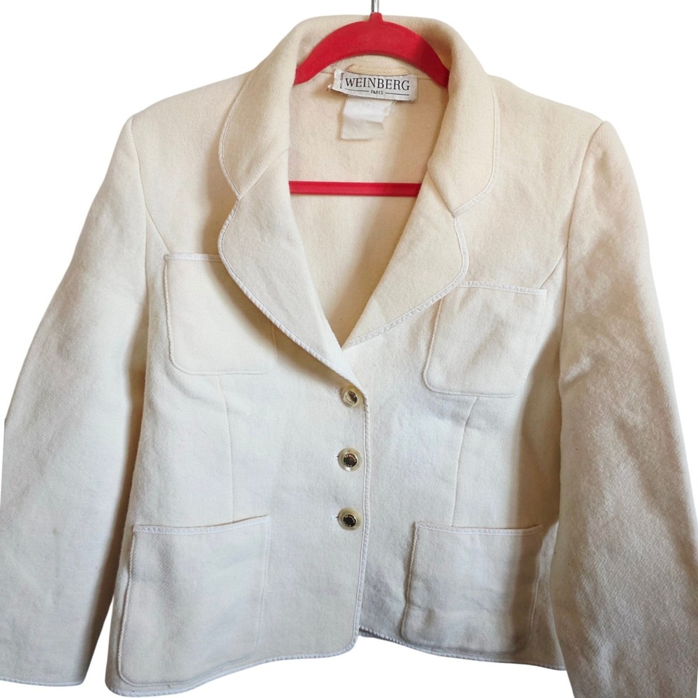Vintage WEINBERG PARIS M Womens Cream Blazer Jacket‎ Button Front Pockets 70's
